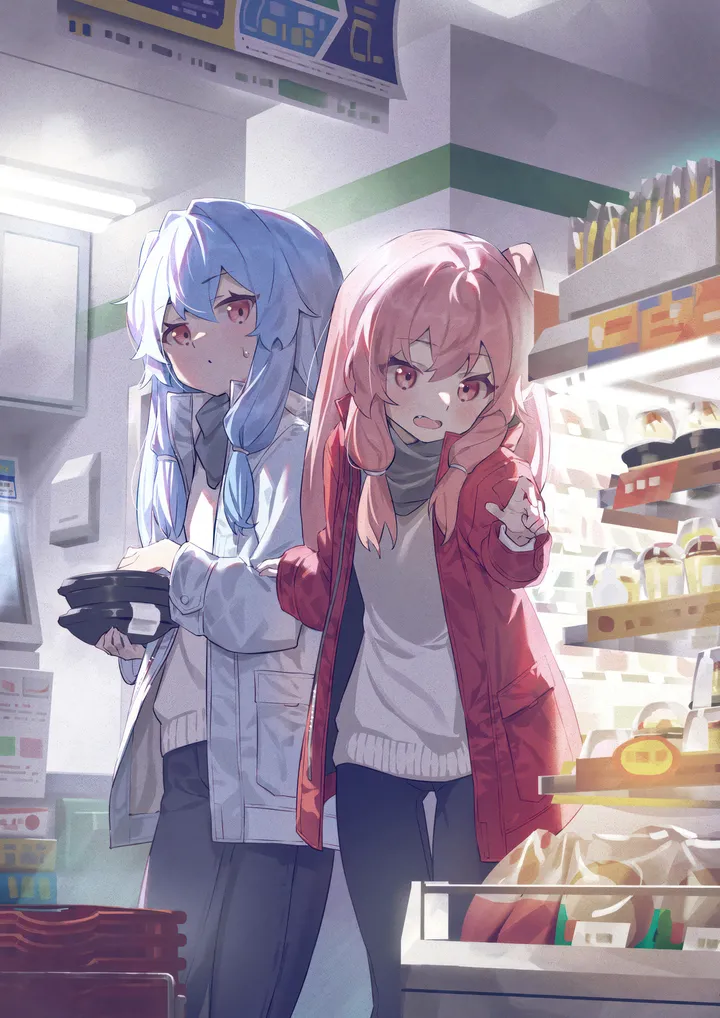 2girls,bangs,closed_mouth,scarf,coat,multiple_girls,siblings,sidelocks,jacket,sisters,indoors,shop,open_mouth,holding,holding_box,sweater,sweatdrop,pointing,white_coat,white_sweater,looking_at_viewer,vertical,smile,pink_hair,pink_eyes,red_coat,red_jacket,red_eyes,blue_hair,pants,open_clothes,long_hair,long_sleeves,food,black_pants