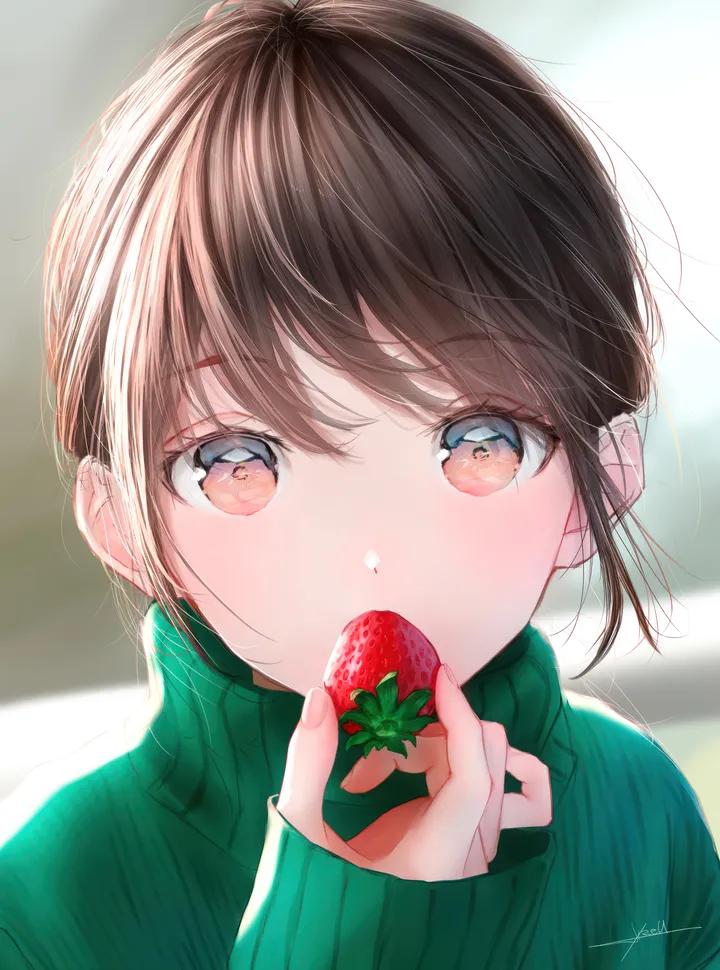 1girl,upper_body,bangs,solo,portrait,hand_up,holding,holding_fruit,holding_food,depth_of_field,brown_hair,brown_eyes,ribbed_sweater,blurry,blurry_background,sweater,fruit,looking_at_viewer,short_hair,vertical,signature,red_eyes,green_sweater,strawberry,covered_mouth,sleeves_past_wrists,long_sleeves,food,turtleneck,turtleneck_sweater