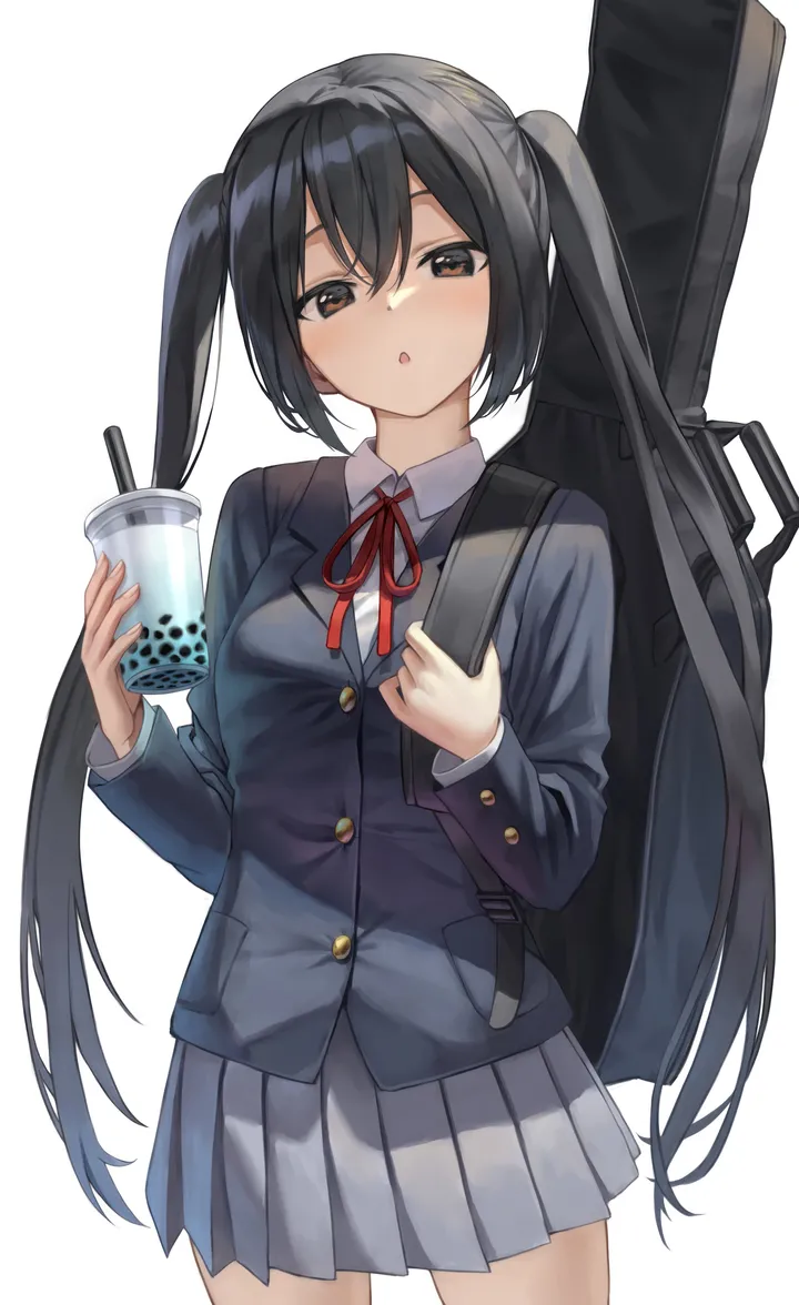 1girl,cowboy_shot,ribbon,instrument_case,winter_uniform,bangs,solo,twintails,drinking_straw,jacket,hair_between_eyes,open_mouth,very_long_hair,parted_lips,holding_cup,holding,collared_shirt,simple_background,cup,school_uniform,brown_eyes,grey_skirt,bubble_tea,white_background,white_shirt,pleated_skirt,looking_at_viewer,skirt,vertical,red_ribbon,blush,blue_jacket,shirt,blazer,long_hair,long_sleeves,neck_ribbon,disposable_cup,black_hair