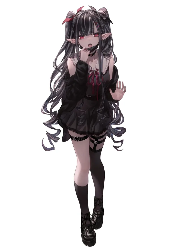 1girl,x_hair_ornament,asymmetrical_legwear,ribbon,breasts,full_body,bangs,solo,single_sock,single_thighhigh,kneehighs,twintails,hairclip,vampire,fangs,thigh_strap,hair_ribbon,hair_ornament,sidelocks,jacket,pointy_ears,platform_footwear,open_mouth,very_long_hair,hand_up,simple_background,jewelry,white_background,looking_at_viewer,skirt,piercing,ear_piercing,vertical,standing,red_ribbon,red_eyes,earrings,tongue,frills,fang,shirt,socks,open_jacket,thighhighs,dress,collarbone,long_hair,long_sleeves,bare_shoulders,off_shoulder,shoes,choker,neck_ribbon,black_hair,black_jacket,black_nails,black_skirt,black_shirt,black_socks,black_dress,black_footwear,black_choker