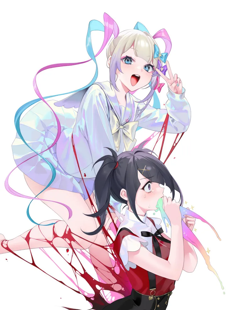 2girls,x_hair_ornament,ribbon,bangs,twintails,suspender_skirt,crying,quad_tails,multiple_girls,multicolored_hair,multicolored_nails,multiple_hair_bows,hair_ornament,knife,open_mouth,very_long_hair,nail_polish,collared_shirt,simple_background,school_uniform,v,serafuku,sailor_collar,teeth,white_background,pleated_skirt,tears,crying_with_eyes_open,short_sleeves,skirt,vertical,smile,pink_hair,pink_nails,purple_bow,red_shirt,suspenders,blush,blue_hair,blue_nails,blue_eyes,blue_bow,bow,hair_bow,blood,shirt,shirt_tucked_in,blonde_hair,long_hair,long_sleeves,neck_ribbon,yellow_bow,black_ribbon,black_hair,black_skirt