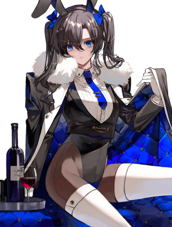 1girl,breasts,playboy_bunny,rabbit_ears,animal_ears,bangs,fake_animal_ears,solo,twintails,hairband,closed_mouth,sitting,coat,hair_ornament,jacket,hair_between_eyes,parted_lips,gloves,collared_shirt,simple_background,cup,fur_trim,couch,bottle,white_gloves,white_background,white_shirt,white_thighhighs,looking_at_viewer,vertical,leotard,wine_glass,wine,blue_eyes,blue_necktie,bow,hair_bow,shirt,thighhighs,pantyhose,alcohol,drinking_glass,wine_bottle,long_hair,long_sleeves,necktie,highleg,highleg_leotard,black_hair,black_jacket,black_leotard