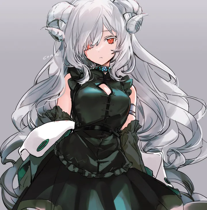 1girl,cowboy_shot,detached_sleeves,breasts,bangs,solo,closed_mouth,hair_over_one_eye,very_long_hair,sleeveless,sleeveless_dress,simple_background,grey_hair,grey_background,white_hair,looking_at_viewer,vertical,red_eyes,clothing_cutout,horns,dress,long_hair,cleavage_cutout,bare_shoulders,collar,black_dress