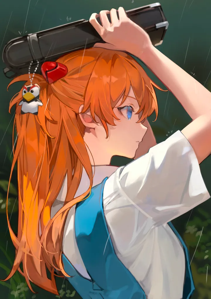 1girl,arms_up,school_bag,upper_body,from_side,profile,bangs,bag,solo,suspender_skirt,closed_mouth,hair_ornament,hair_between_eyes,holding,school_uniform,orange_hair,white_shirt,short_sleeves,vertical,suspenders,blue_eyes,shirt,long_hair,rain