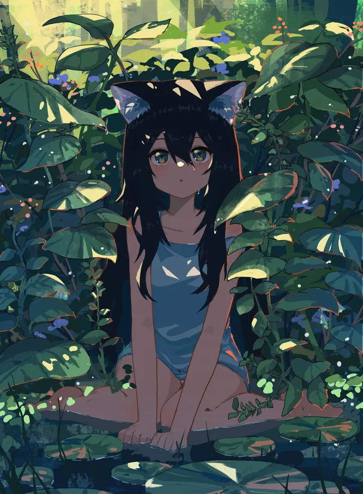 1girl,artist_name,animal_ears,bangs,solo,leaf,sitting,nature,hair_between_eyes,parted_lips,outdoors,forest,plant,water,cat_girl,cat_ears,day,looking_at_viewer,lily_pad,vertical,green_eyes,animal_ear_fluff,blush,bare_legs,barefoot,dress,collarbone,long_hair,sunlight,wariza,black_hair