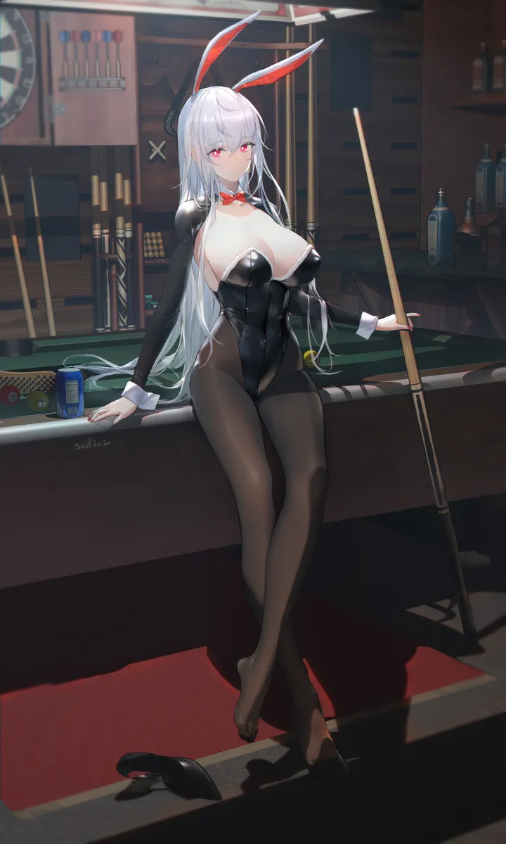 1girl,breasts,cleavage,playboy_bunny,rabbit_ears,full_body,animal_ears,bangs,fake_animal_ears,solo,thighs,indoors,strapless,strapless_leotard,table,bottle,white_hair,looking_at_viewer,vertical,wrist_cuffs,leotard,red_eyes,red_bow,red_bowtie,feet,bow,large_breasts,pantyhose,long_hair,long_sleeves,covered_navel,shoes,bowtie,detached_collar,highleg,highleg_leotard,high_heels,black_pantyhose,black_leotard,black_footwear