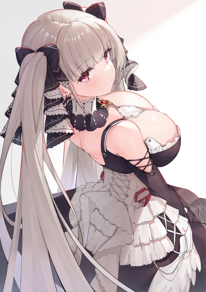 1girl,ribbon,breasts,cleavage,bangs,solo,two-tone_ribbon,two-tone_dress,twintails,closed_mouth,looking_back,hair_ribbon,between_breasts,very_long_hair,simple_background,grey_hair,jewelry,white_background,looking_at_viewer,vertical,red_eyes,earrings,blush,frills,frilled_dress,large_breasts,dress,long_hair,bare_shoulders,black_dress