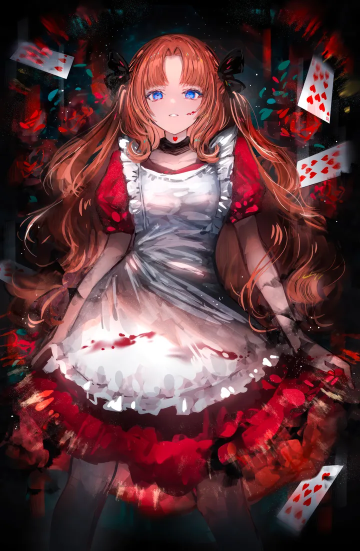 1girl,parted_bangs,bangs,solo,card,apron,very_long_hair,parted_lips,playing_card,brown_hair,orange_hair,white_apron,looking_at_viewer,short_sleeves,vertical,standing,smile,red_dress,blood_on_face,frills,frilled_apron,blue_eyes,puffy_short_sleeves,puffy_sleeves,bow,hair_bow,blood,blood_on_clothes,dress,pantyhose,long_hair,choker