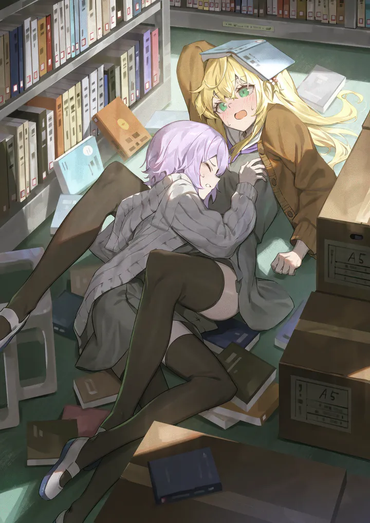 2girls,book,bookshelf,on_back,on_side,bangs,closed_eyes,hair_beads,closed_mouth,library,on_floor,multiple_girls,hair_ornament,indoors,uwabaki,open_cardigan,cardigan,open_mouth,school_uniform,brown_cardigan,serafuku,sailor_collar,grey_cardigan,grey_skirt,grey_shirt,white_footwear,yuri,sleeping,short_hair,skirt,vertical,box,purple_neckerchief,purple_hair,green_eyes,blush,shirt,open_clothes,lying,thighhighs,pantyhose,blonde_hair,long_hair,long_sleeves,shoes,black_thighhighs