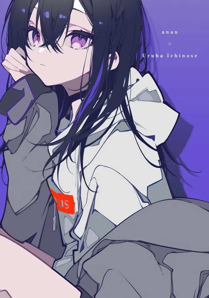 1girl,virtual_youtuber,braid,hood,bangs,solo,character_name,multicolored_hair,jacket,hair_between_eyes,head_rest,streaked_hair,hood_down,grey_hoodie,white_hoodie,looking_at_viewer,vertical,purple_eyes,purple_background,sleeves_past_wrists,hoodie,long_hair,long_sleeves,choker,black_hair