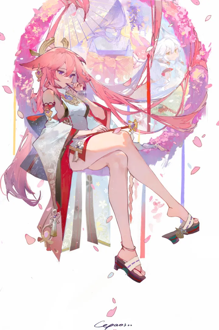 1girl,detached_sleeves,breasts,crossed_legs,sideboob,full_body,animal_ears,sandals,bangs,solo,legs,sitting,thighs,wide_sleeves,hair_between_eyes,very_long_hair,nontraditional_miko,japanese_clothes,cherry_blossoms,fox_ears,jewelry,white_hair,white_background,white_shirt,looking_at_viewer,vertical,smile,pink_hair,purple_eyes,earrings,feet,toes,petals,falling_petals,shirt,bare_legs,long_hair,umbrella,bare_shoulders