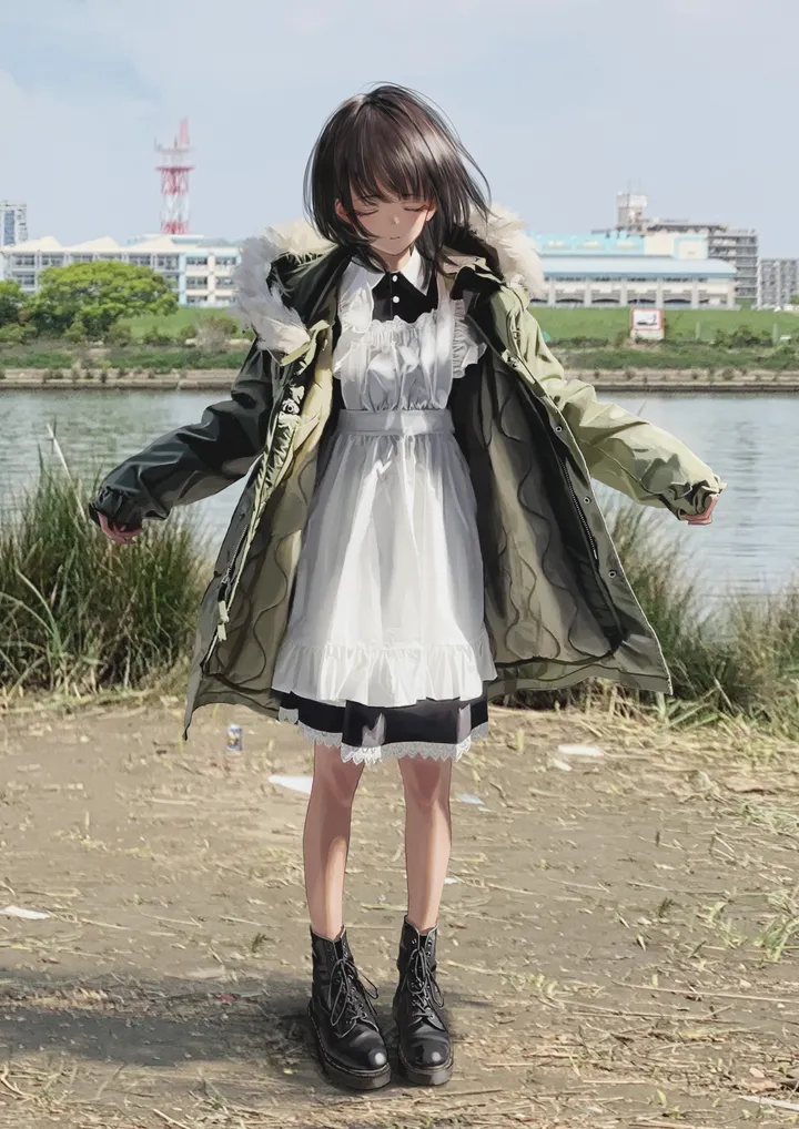 1girl,full_body,bangs,solo,closed_eyes,closed_mouth,apron,coat,sky,jacket,maid,maid_apron,building,outdoors,brown_hair,fur_trim,water,day,white_apron,vertical,standing,smile,frilled_apron,grass,blue_sky,sleeves_past_wrists,open_clothes,dress,long_hair,long_sleeves,boots,facing_viewer,black_hair,black_footwear