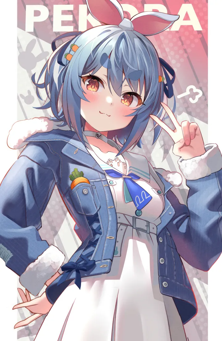 1girl,virtual_youtuber,neckerchief,ribbon,bunny-shaped_pupils,rabbit_ears,animal_ears,bangs,solo,hand_on_hip,character_name,closed_mouth,multicolored_hair,hair_ribbon,hair_ornament,jacket,official_alternate_hairstyle,official_alternate_hair_length,official_alternate_costume,hand_up,v,fur_trim,fur-trimmed_jacket,sailor_collar,thick_eyebrows,white_sailor_collar,white_dress,white_choker,belt,looking_at_viewer,short_hair,vertical,smile,symbol-shaped_pupils,red_eyes,carrot_hair_ornament,blush,blue_neckerchief,blue_ribbon,blue_hair,blue_jacket,open_jacket,open_clothes,short_eyebrows,dress,long_sleeves,choker,food-themed_hair_ornament