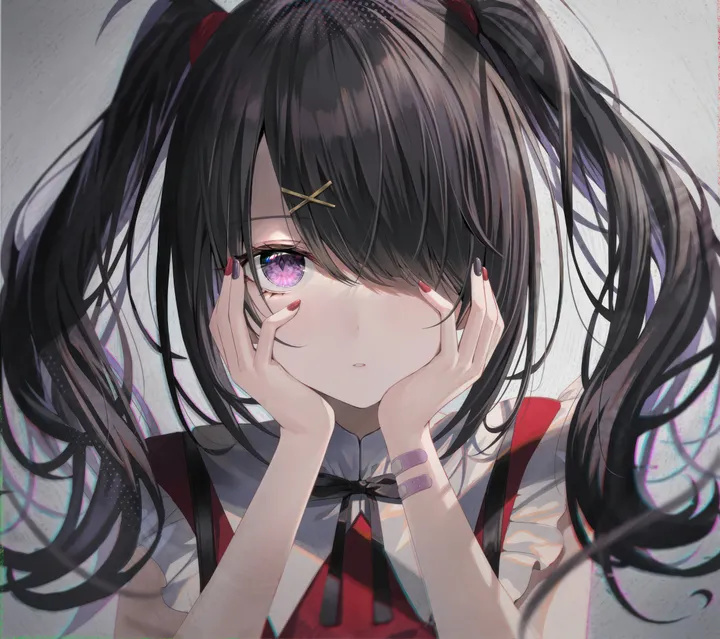 1girl,x_hair_ornament,ribbon,upper_body,bangs,bandaid,solo,hands_on_own_face,twintails,hairclip,closed_mouth,multicolored_nails,hair_ornament,hair_over_one_eye,nail_polish,looking_at_viewer,vertical,purple_eyes,red_nails,suspenders,blush,shirt,long_hair,neck_ribbon,black_ribbon,black_hair