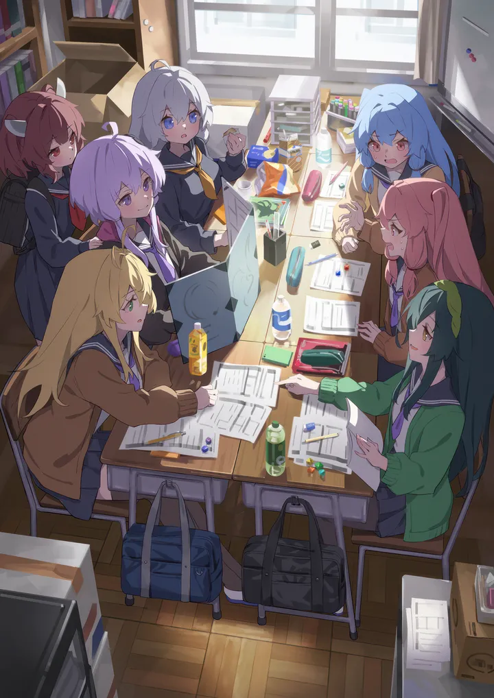 6-girls,braid,neckerchief,book,school_bag,bookshelf,desk,bangs,bag,backpack,hairband,ahoge,sitting,shelf,multiple_girls,hair_ornament,sidelocks,jacket,indoors,short_hair_with_long_locks,open_cardigan,cardigan,open_mouth,very_long_hair,holding,classroom,wooden_floor,school_uniform,brown_hair,brown_cardigan,chair,eraser,serafuku,sailor_collar,water_bottle,grey_hair,bottle,white_hair,pleated_skirt,looking_at_another,short_hair,skirt,headgear,window,vertical,smile,pink_hair,purple_hair,purple_eyes,red_eyes,paper,green_hair,green_eyes,blue_hair,blue_eyes,shirt,blonde_hair,pencil,pencil_case,long_hair,long_sleeves,necktie,food,yellow_eyes,black_bag,black_skirt