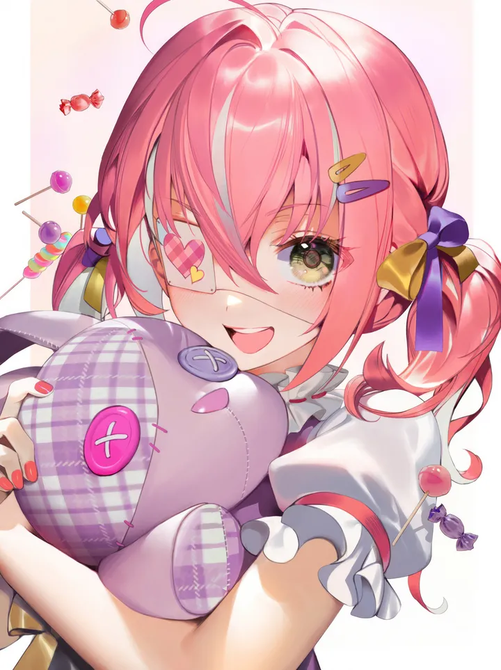 1girl,virtual_youtuber,upper_body,bangs,medical_eyepatch,solo,twintails,hairclip,ahoge,multicolored_hair,hair_ornament,hair_between_eyes,open_mouth,heart,doll_hug,object_hug,holding,nail_polish,streaked_hair,simple_background,lollipop,stuffed_bunny,stuffed_animal,stuffed_toy,teeth,white_hair,white_background,white_shirt,looking_at_viewer,eyepatch,short_sleeves,vertical,smile,pink_hair,candy,red_nails,blush,puffy_short_sleeves,puffy_sleeves,bow,hair_bow,shirt,food