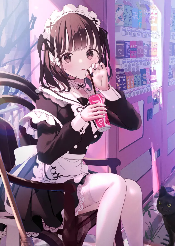 1girl,ribbon,medium_hair,bangs,animal,solo,feet_out_of_frame,tongue_out,apron,on_chair,sitting,maid,maid_apron,maid_headdress,waist_apron,holding_can,holding,can,brown_hair,brown_eyes,chair,plant,soda_can,cat,white_apron,white_thighhighs,looking_at_viewer,vertical,blush,vending_machine,tongue,frills,frilled_apron,puffy_sleeves,lace-trimmed_legwear,lace_trim,thighhighs,dress,long_sleeves,choker,black_hair,black_cat,black_dress