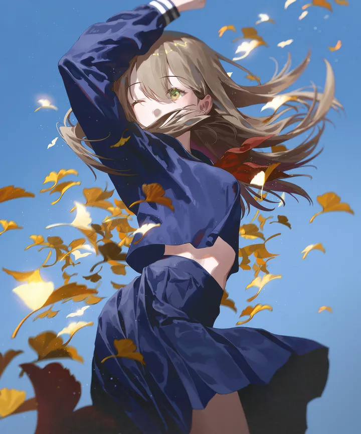 1girl,cowboy_shot,neckerchief,arm_up,arms_up,bangs,solo,leaf,sky,hair_between_eyes,midriff_peek,outdoors,school_uniform,brown_hair,serafuku,sailor_collar,pleated_skirt,skirt,autumn_leaves,vertical,red_neckerchief,green_eyes,falling_leaves,blue_sky,blue_serafuku,blue_sailor_collar,blue_skirt,blue_background,blue_shirt,shirt,long_hair,long_sleeves,one_eye_closed,midriff,wind,floating_hair