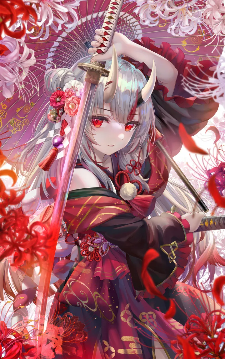 1girl,virtual_youtuber,arm_up,bangs,sword,sheath,solo,kimono,hair_bun,multicolored_hair,hair_flower,hair_ornament,wide_sleeves,spider_lily,parted_lips,holding_sword,holding_weapon,holding,nail_polish,streaked_hair,holding_umbrella,japanese_clothes,katana,unsheathing,weapon,oil-paper_umbrella,tassel,grey_hair,white_hair,looking_at_viewer,vertical,red_hair,red_eyes,red_flower,frills,horns,bell,long_hair,long_sleeves,umbrella,bare_shoulders,off_shoulder,oni,oni_horns,flower,black_kimono