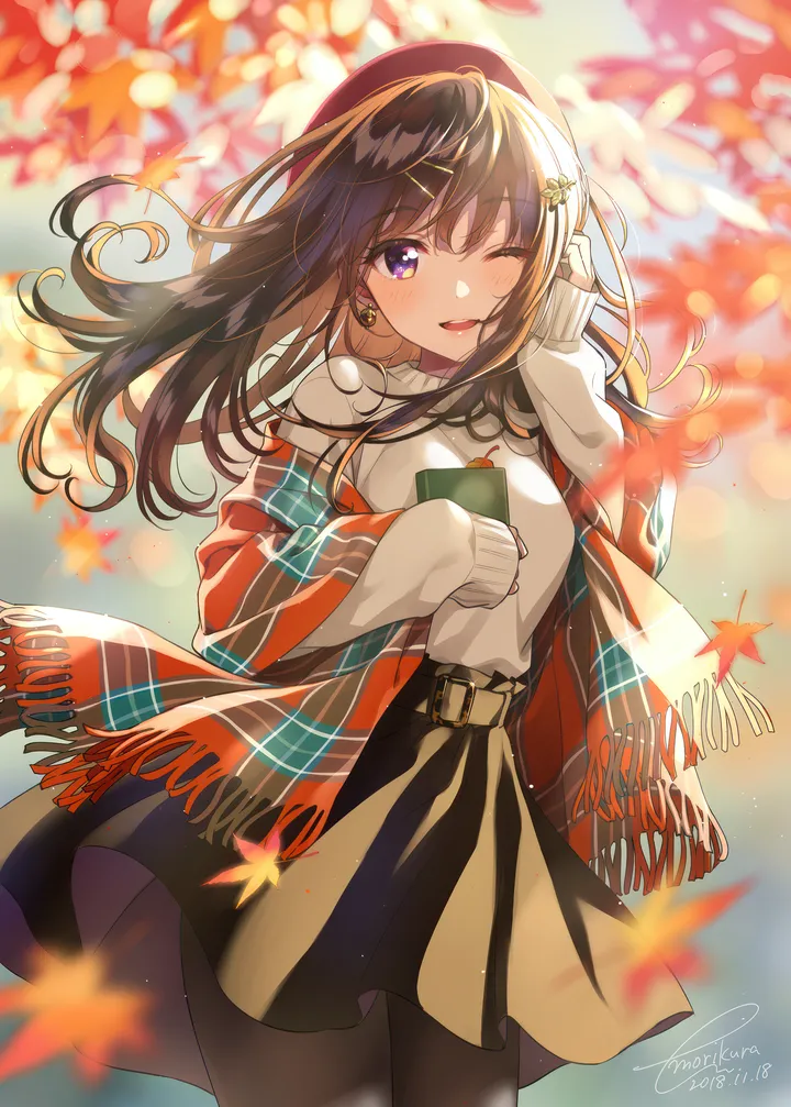 1girl,cowboy_shot,book,bangs,solo,hairclip,leaf,scarf,hair_ornament,hat,open_mouth,outdoors,shawl,hand_up,holding,holding_book,dated,depth_of_field,maple_leaf,plaid,plaid_scarf,brown_hair,blurry,blurry_background,sweater,fringe_trim,jewelry,white_sweater,belt,looking_at_viewer,skirt,autumn,autumn_leaves,vertical,standing,smile,signature,purple_eyes,red_headwear,earrings,blush,sleeves_past_wrists,beret,pantyhose,ginkgo_leaf,long_hair,long_sleeves,one_eye_closed,wind,floating_hair,black_skirt,black_pantyhose