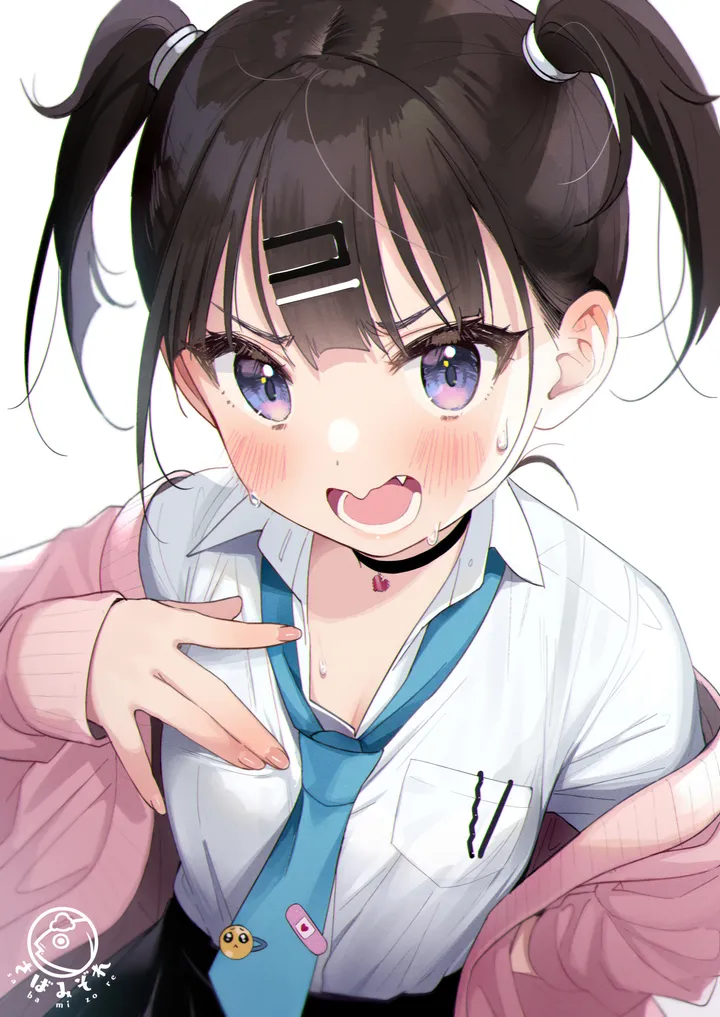 1girl,upper_body,bangs,solo,hand_on_hip,twintails,hairclip,pocket,hair_ornament,jacket,open_cardigan,cardigan,open_mouth,heart,hand_up,collared_shirt,simple_background,school_uniform,sweat,white_background,white_shirt,v-shaped_eyebrows,looking_at_viewer,short_twintails,skirt,vertical,signature,pink_cardigan,purple_eyes,breast_pocket,blush,blue_eyes,blue_necktie,fang,shirt,sleeves_past_wrists,dress_shirt,open_clothes,long_sleeves,off_shoulder,choker,necktie,black_hair,black_skirt,black_choker