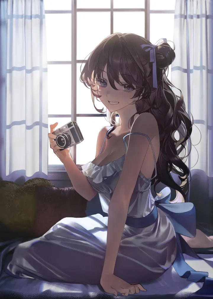 1girl,ribbon,medium_breasts,breasts,cleavage,bangs,solo,single_hair_bun,hair_bun,on_bed,sitting,single_side_bun,hair_ribbon,indoors,hair_between_eyes,holding_camera,arm_support,holding,sleeveless,sleeveless_dress,pillow,brown_hair,wavy_hair,grey_eyes,camera,white_dress,looking_at_viewer,window,curtains,vertical,smile,spaghetti_strap,blush,blue_ribbon,strap_slip,bare_arms,barefoot,dress,backlighting,collarbone,long_hair,bare_shoulders,grin