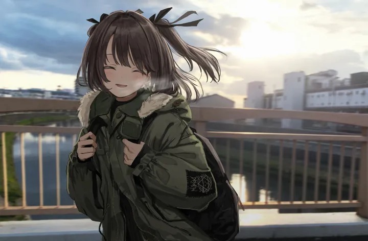 1girl,ribbon,cloud,upper_body,bangs,bag,solo,closed_eyes,backpack,breath,cityscape,sky,hair_ribbon,jacket,two_side_up,building,open_mouth,outdoors,holding_strap,depth_of_field,railing,brown_hair,blurry,blurry_background,horizontal,fur_trim,fur-trimmed_jacket,hood_down,day,skirt,smile,green_jacket,blush,shirt,open_jacket,open_clothes,long_hair,long_sleeves,facing_viewer,black_ribbon,black_skirt,black_shirt