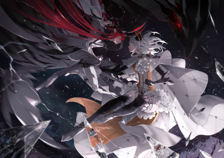 2girls,multiple_girls,very_long_hair,gloves,gauntlets,cape,horizontal,weapon,glass,white_hair,armor,looking_at_another,eye_contact,shards,broken_glass,red_hair,red_eyes,frills,horns,thighhighs,dress,long_hair,boots,thigh_boots,dragon