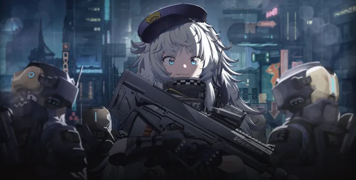 1girl,upper_body,bangs,closed_mouth,city,multiple_others,multiple_boys,night,helmet,hat,building,outdoors,gloves,holding_weapon,holding_gun,holding,gun,horizontal,rifle,weapon,white_hair,looking_at_viewer,assault_rifle,blue_eyes,police,police_uniform,beret,long_hair,body_armor,rain,black_gloves