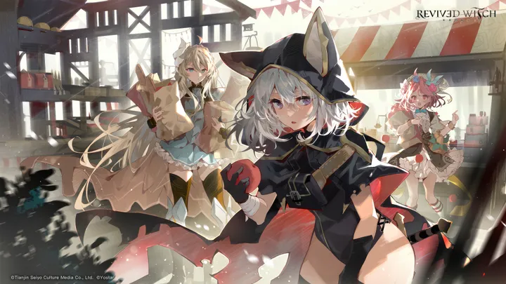 3girls,hood,animal_ears,bangs,bag,multiple_girls,open_mouth,very_long_hair,hood_up,gloves,cape,holding,holding_food,cloak,horizontal,fruit,baguette,grey_hair,copyright_name,white_hair,looking_at_viewer,short_hair,skirt,pink_hair,pink_eyes,leotard,purple_eyes,paper_bag,bandages,frills,frilled_skirt,frilled_dress,apple,blue_eyes,shirt,shopping_bag,thighhighs,hooded_cloak,dress,blonde_hair,long_hair,food,black_gloves