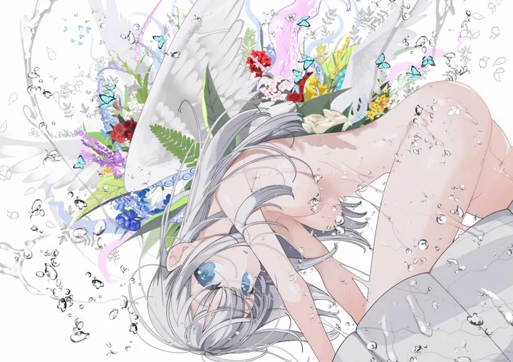 1girl,medium_breasts,breasts,bangs,solo,all_fours,hair_censor,ass,parted_lips,horizontal,water_drop,grey_hair,white_background,white_flower,looking_at_viewer,skirt,convenient_censoring,purple_flower,wings,blue_eyes,blue_flower,bug,butterfly,nude,long_hair,flower