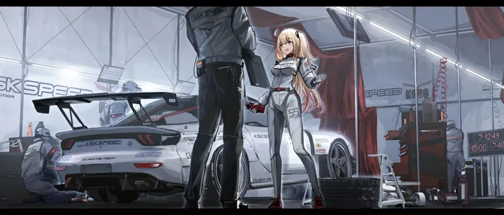 1girl,breasts,uniform,hand_on_hip,twintails,ground_vehicle,multiple_boys,helmet,two_side_up,open_mouth,gloves,holding,motor_vehicle,horizontal,car,grey_bodysuit,belt,standing,smile,red_eyes,english_text,shirt,pants,police,police_uniform,vehicle_focus,bodysuit,blonde_hair,long_hair