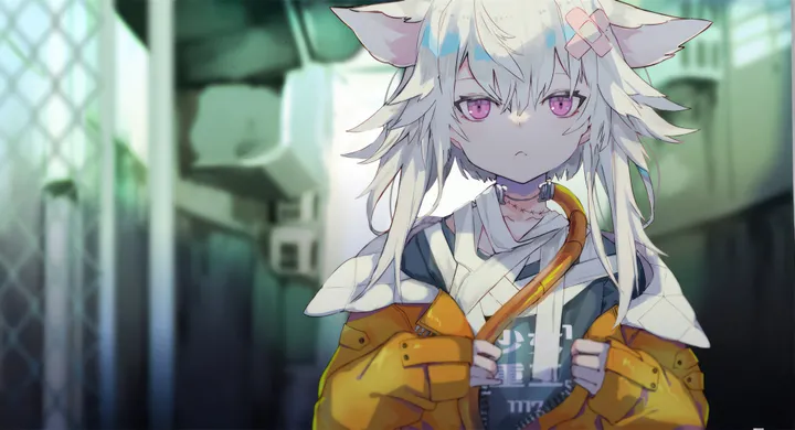 1girl,upper_body,animal_ears,bangs,solo,closed_mouth,jacket,hair_between_eyes,depth_of_field,fence,blurry,blurry_background,horizontal,orange_jacket,grey_hair,white_hair,white_shirt,looking_at_viewer,pink_eyes,purple_eyes,bandages,shirt,sleeves_past_wrists,open_jacket,long_hair,long_sleeves