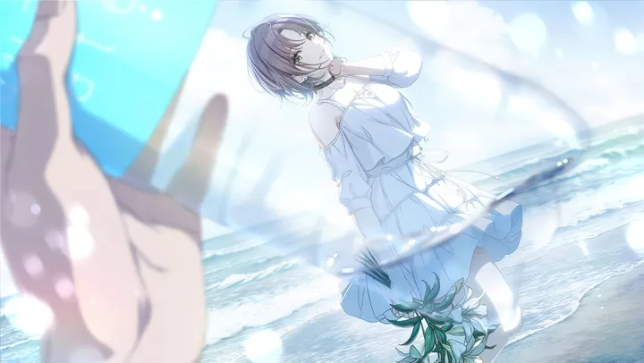 1girl,parted_bangs,bangs,solo_focus,ahoge,multicolored_hair,sky,outdoors,holding_bouquet,phone,holding_phone,holding,smartphone,horizontal,water,ocean,beach,jewelry,white_dress,looking_at_viewer,short_hair,cellphone,smile,pov,bouquet,blue_hair,pov_hands,dress,bare_shoulders,choker,flower