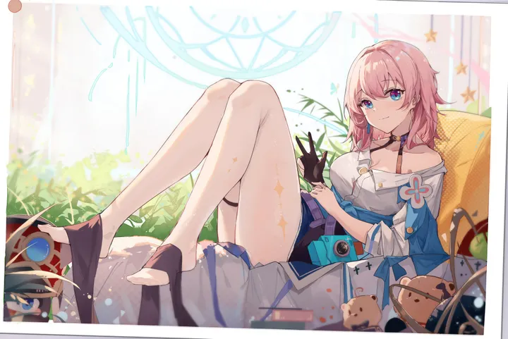 1girl,medium_breasts,medium_hair,breasts,full_body,bangs,solo,single_glove,legs,closed_mouth,sitting,thighs,gloves,knees_up,holding,pillow,horizontal,camera,white_shirt,looking_at_viewer,smile,pink_hair,feet,toes,blue_jacket,blue_eyes,shirt,bare_legs,barefoot,collarbone,long_hair,bare_shoulders,off_shoulder,choker,black_choker