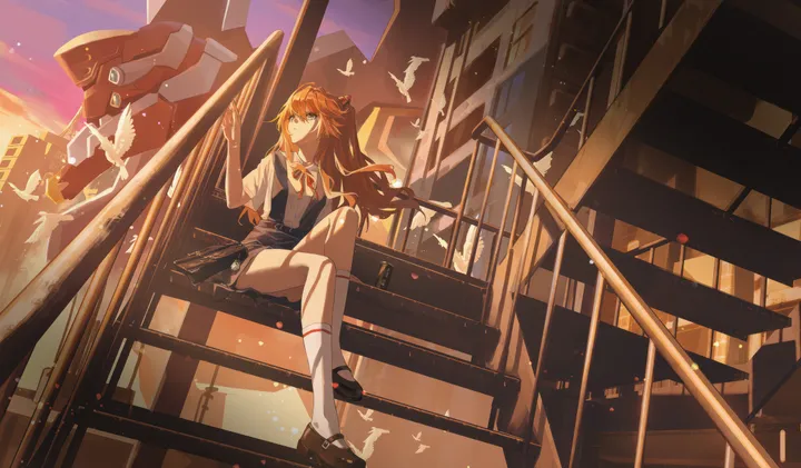 1girl,ribbon,crossed_legs,solo,kneehighs,stairs,suspender_skirt,sitting,sitting_on_stairs,sky,building,outdoors,sunset,robot,mecha,railing,school_uniform,horizontal,orange_hair,mary_janes,white_shirt,white_socks,dove,skirt,red_ribbon,suspenders,blue_eyes,shirt,socks,long_hair,shoes,neck_ribbon,floating_hair,bird,black_footwear