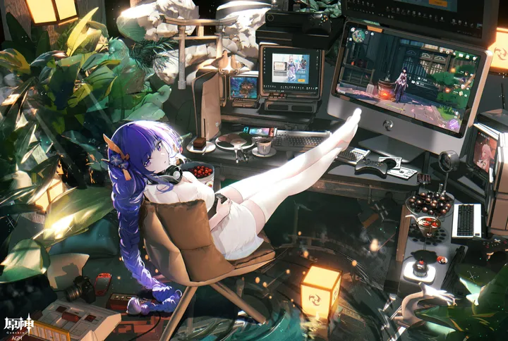 1girl,playstation_controller,braid,book,breasts,from_above,full_body,bangs,solo,single_braid,looking_back,sitting,night,hair_flower,hair_ornament,headphones,contemporary,indoors,very_long_hair,holding_controller,holding_cup,controller,holding_game_controller,holding,monitor,cup,table,chair,plant,horizontal,water,no_shoes,game_controller,lamp,keyboard_computer,white_shirt,white_thighhighs,potted_plant,looking_at_viewer,alternate_costume,window,purple_hair,purple_eyes,shirt,computer,large_breasts,thighhighs,long_hair,food,mug,flower,braided_ponytail