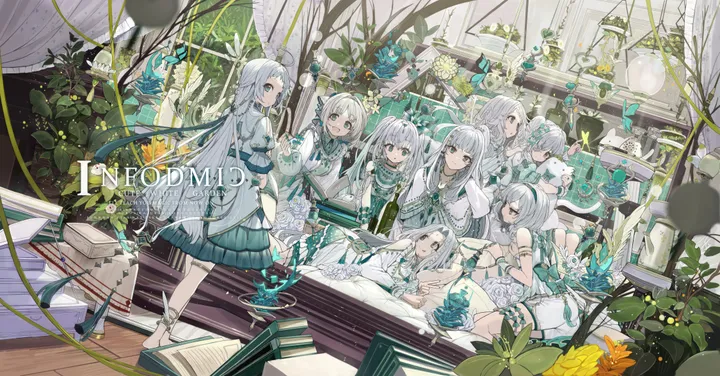 6-girls,book,bangs,twintails,sitting,multiple_girls,indoors,holding,cup,plant,horizontal,white_hair,white_dress,looking_at_viewer,short_hair,standing,smile,green_eyes,wings,open_book,dress,long_hair,flower