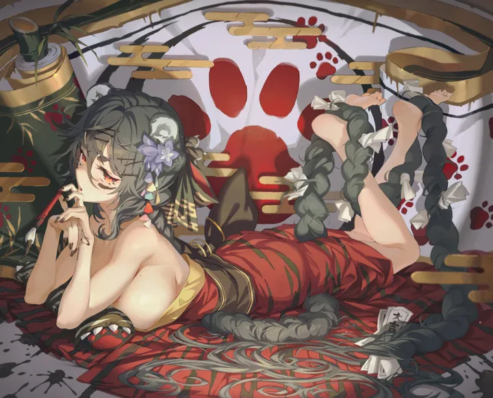 1girl,braid,breasts,sideboob,full_body,animal_ears,bangs,chinese_zodiac,solo,scroll,legs_up,ink,hair_flower,hair_ornament,egasumi,hair_between_eyes,very_long_hair,holding,holding_paintbrush,fingernails,nail_polish,sash,brown_nails,horizontal,calligraphy_brush,paw_print,looking_at_viewer,bamboo,paintbrush,red_eyes,red_dress,feet_up,feet,soles,year_of_the_tiger,tiger_ears,barefoot,absurdly_long_hair,the_pose,on_stomach,lying,large_breasts,dress,long_hair,bare_shoulders,flower,braided_ponytail,black_hair,black_nails