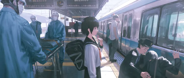 1girl,6-boys,school_bag,train,bag,surgical_mask,backpack,mouth_mask,smoking,ground_vehicle,multiple_boys,gakuran,hat,holding,school_uniform,baseball_cap,horizontal,serafuku,sailor_collar,white_shirt,glasses,short_hair,skirt,shirt,train_station,long_sleeves,mask,cigarette,black_hair,black_sailor_collar