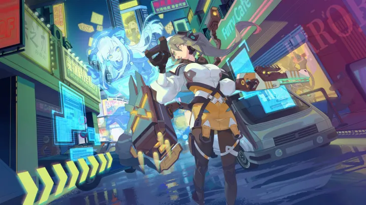 1girl,breasts,hologram,holographic_interface,bangs,solo,truck,reflection,ground_vehicle,city,night,headphones,building,outdoors,gloves,holding_weapon,holding_gun,holding,motor_vehicle,gun,horizontal,weapon,car,grey_hair,white_shirt,skirt,science_fiction,standing,smile,green_eyes,shirt,cyberpunk,pantyhose,long_hair,long_sleeves,neon_lights,black_gloves