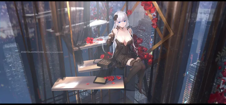 1girl,breasts,cleavage,full_body,bangs,solo,sitting,cityscape,hair_flower,hair_ornament,indoors,gloves,holding,cup,table,horizontal,no_shoes,rose,white_hair,looking_at_viewer,red_rose,red_flower,blue_eyes,large_breasts,thighhighs,dress,collarbone,long_hair,bare_shoulders,choker,flower,black_gloves,black_thighhighs,black_dress