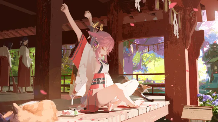 detached_sleeves,east_asian_architecture,arm_up,arms_up,breasts,stretching,sideboob,animal_ears,bangs,closed_eyes,sitting,multiple_girls,hair_ornament,sidelocks,wide_sleeves,architecture,outdoors,yawning,nontraditional_miko,japanese_clothes,wooden_floor,tree,horizontal,pond,fox,fox_ears,jewelry,skirt,shrine,pink_hair,purple_hair,purple_flower,earrings,armpits,petals,falling_petals,hakama,bare_legs,barefoot,long_hair,flower,black_hair