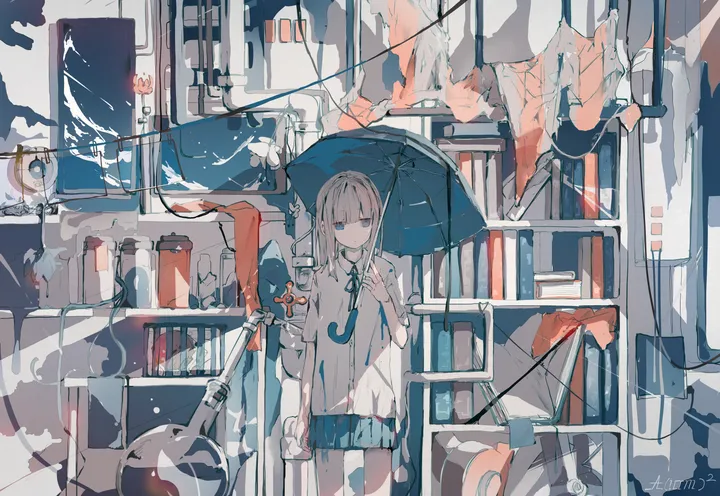 1girl,ribbon,book,bookshelf,bangs,solo,abstract,holding,holding_umbrella,collared_shirt,horizontal,white_shirt,pleated_skirt,blunt_bangs,looking_at_viewer,short_sleeves,skirt,standing,blue_eyes,blue_skirt,shirt,long_hair,umbrella,anger_vein