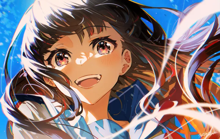 1girl,neckerchief,cloud,upper_body,upper_teeth_only,bangs,solo,sky,portrait,open_mouth,outdoors,school_uniform,brown_hair,brown_eyes,horizontal,serafuku,sailor_collar,teeth,day,white_shirt,looking_at_viewer,smile,signature,blush,blue_sky,blue_sailor_collar,shirt,long_hair,floating_hair