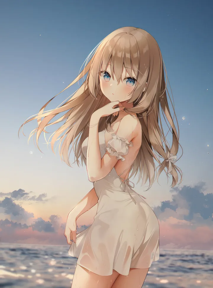 1girl,cowboy_shot,detached_sleeves,breasts,cloud,from_side,bangs,see-through,solo,looking_back,horizon,sky,ass,hair_between_eyes,parted_lips,outdoors,hand_up,sleeveless_dress,sunset,depth_of_field,brown_hair,blurry,blurry_background,water,ocean,wet_dress,white_bow,white_dress,looking_at_viewer,short_sleeves,vertical,standing,blush,blue_eyes,puffy_sleeves,bow,hair_bow,wet_clothes,wet,small_breasts,dress,long_hair,bare_shoulders,backless_outfit,backless_dress