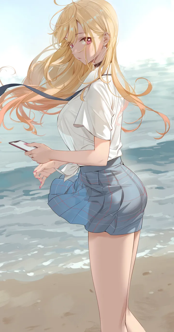 1girl,breasts,from_side,bangs,solo,thighs,parted_lips,outdoors,phone,holding_phone,holding,nail_polish,smartphone,collared_shirt,school_uniform,plaid,plaid_skirt,ocean,beach,jewelry,white_shirt,pleated_skirt,looking_at_viewer,short_sleeves,skirt,cellphone,piercing,ear_piercing,vertical,pink_nails,red_eyes,earrings,blue_skirt,tied_shirt,shirt,large_breasts,blonde_hair,long_hair,choker,necktie,wind,floating_hair,black_choker