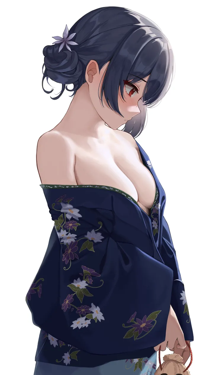 1girl,medium_breasts,breasts,cleavage,from_side,looking_down,bangs,solo,single_hair_bun,print_kimono,kimono,closed_mouth,hair_bun,hair_flower,hair_ornament,wide_sleeves,holding,holding_bag,japanese_clothes,simple_background,no_bra,white_background,short_hair,looking_away,vertical,red_eyes,blush,floral_print,blue_kimono,blue_hair,long_sleeves,bare_shoulders,off_shoulder,flower,black_hair