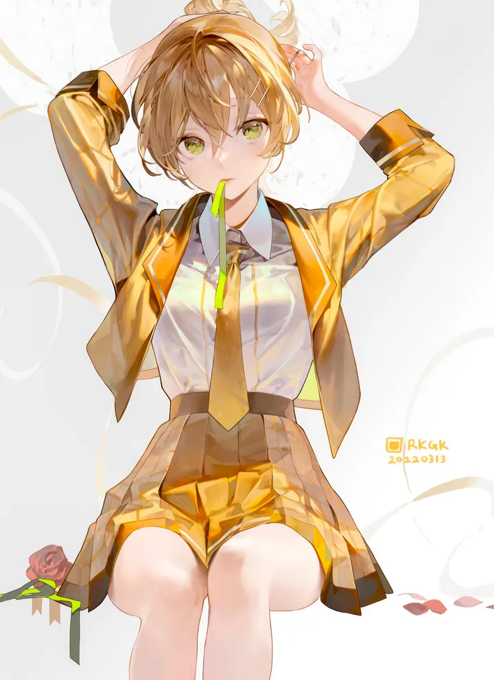 1girl,ribbon,medium_breasts,arms_up,breasts,artist_name,bangs,solo,feet_out_of_frame,hairclip,closed_mouth,sitting,hair_ornament,jacket,hair_between_eyes,tying_hair,dated,collared_shirt,simple_background,brown_skirt,rose,mouth_hold,white_background,white_shirt,pleated_skirt,looking_at_viewer,short_hair,skirt,vertical,red_rose,red_flower,green_ribbon,green_eyes,petals,shirt,shirt_tucked_in,open_jacket,open_clothes,miniskirt,blonde_hair,long_sleeves,necktie,ponytail,high-waist_skirt,flower,yellow_ribbon,yellow_jacket,yellow_skirt,yellow_necktie