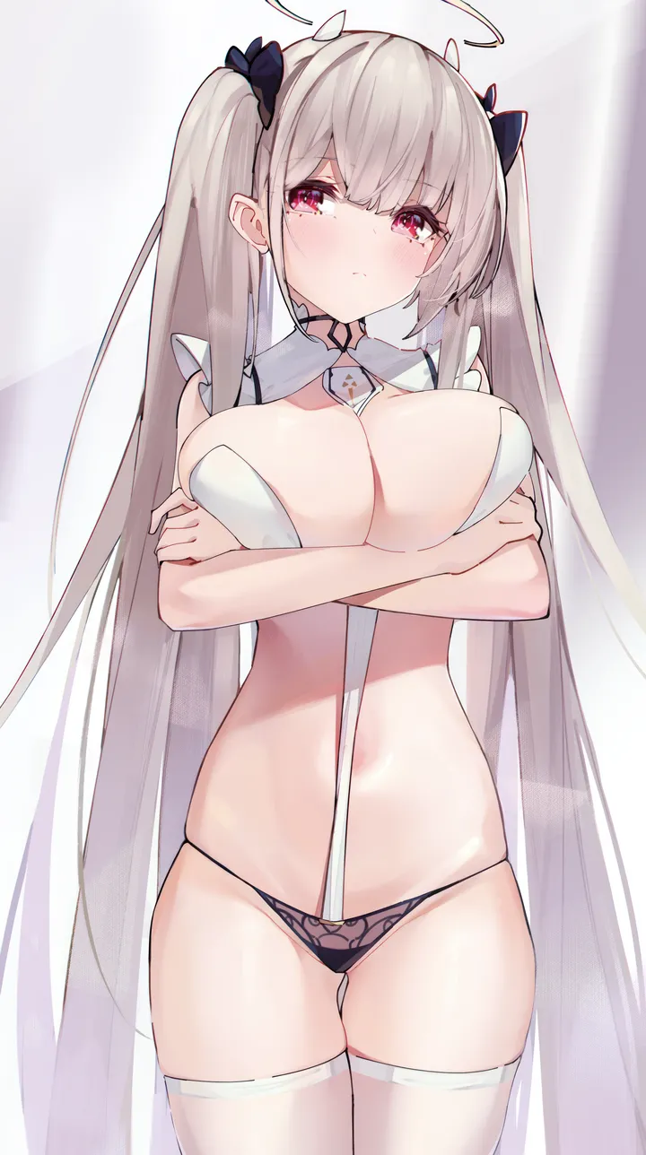 1girl,cowboy_shot,ribbon,breasts,cleavage,crossed_arms,underwear,panties,bangs,solo,arms_under_breasts,twintails,closed_mouth,thigh_gap,halo,hair_ribbon,between_breasts,stomach,very_long_hair,grey_hair,white_thighhighs,looking_at_viewer,vertical,red_eyes,navel,blush,skindentation,large_breasts,thighhighs,long_hair,necktie_between_breasts,black_panties